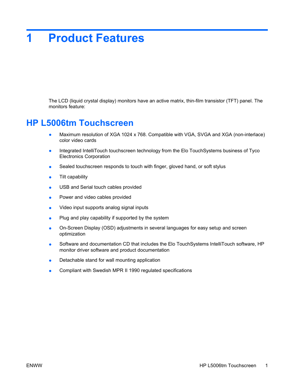 Product features, Hp l5006tm touchscreen, 1 product features | 1product features | HP Compaq L5009tm 15-inch LCD Touchscreen Monitor User Manual | Page 7 / 38