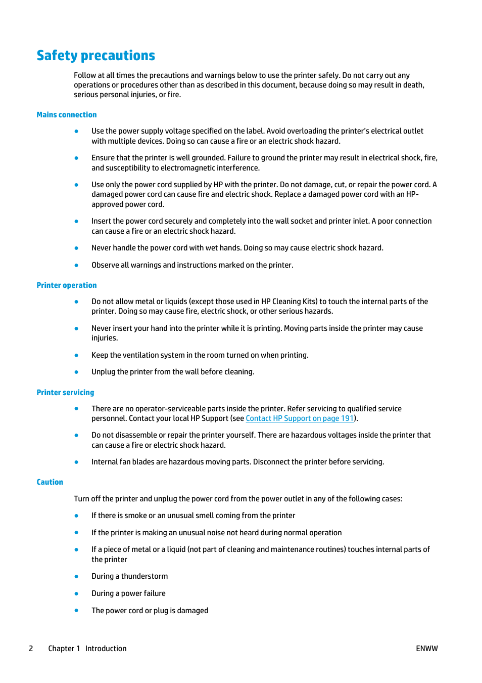 Safety precautions | HP Designjet T920 ePrinter series User Manual | Page 10 / 210