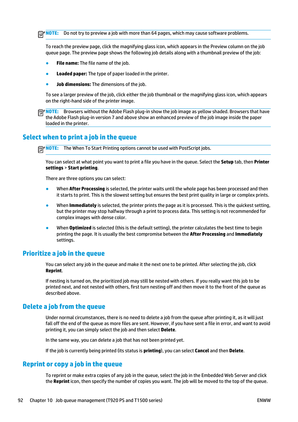 Select when to print a job in the queue, Prioritize a job in the queue, Delete a job from the queue | Reprint or copy a job in the queue | HP Designjet T920 ePrinter series User Manual | Page 100 / 210