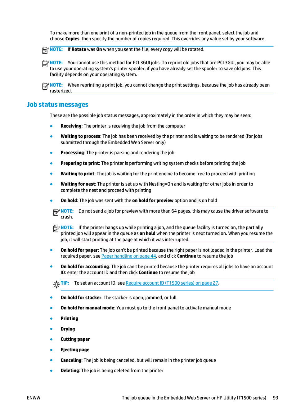 Job status messages | HP Designjet T920 ePrinter series User Manual | Page 101 / 210