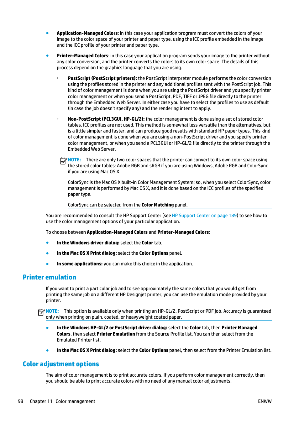 Printer emulation, Color adjustment options | HP Designjet T920 ePrinter series User Manual | Page 106 / 210