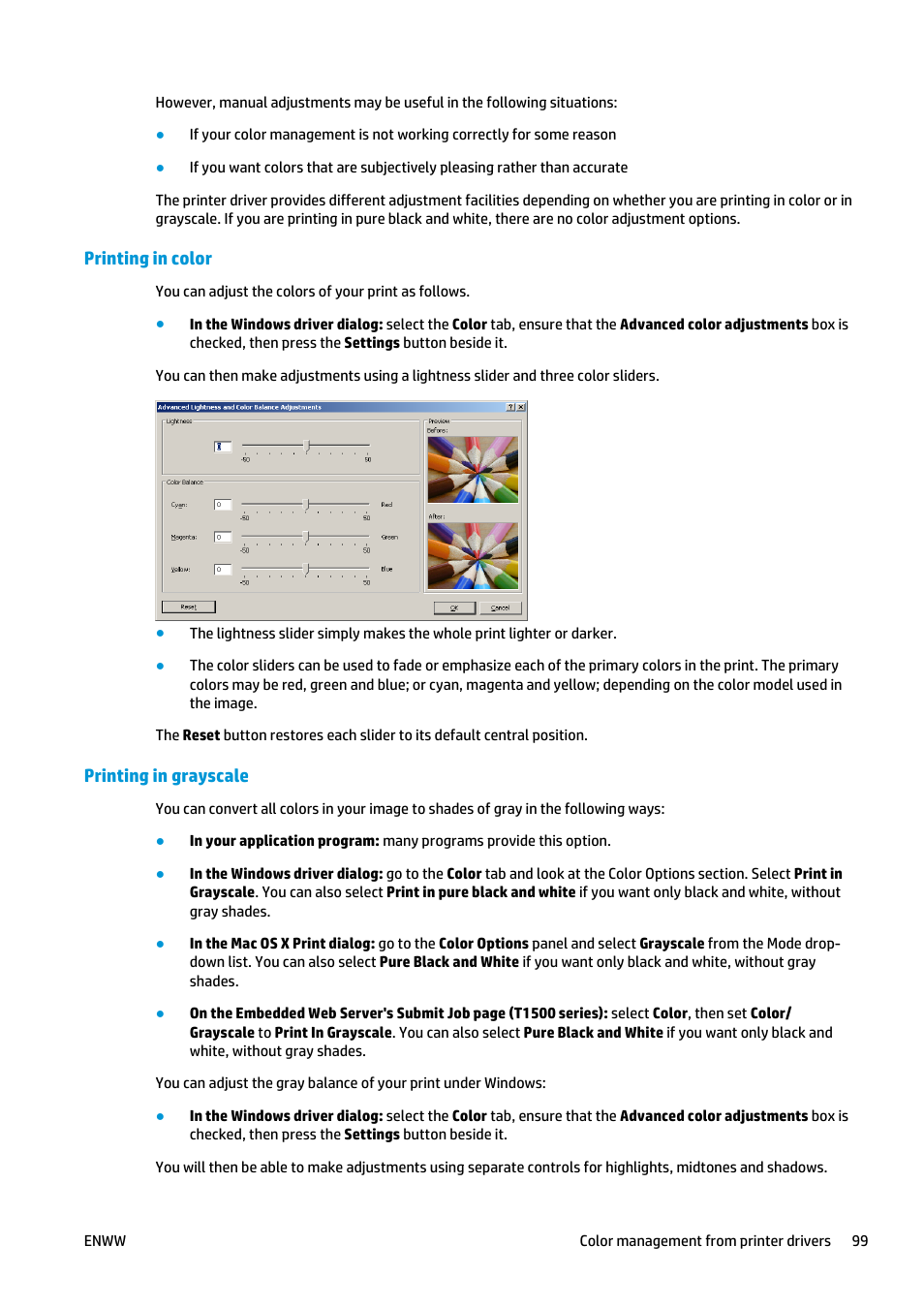 Printing in color, Printing in grayscale | HP Designjet T920 ePrinter series User Manual | Page 107 / 210