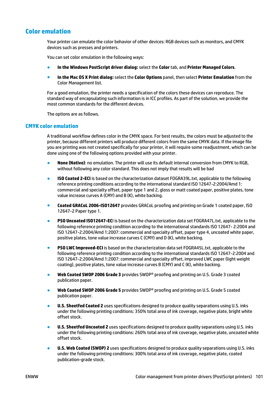 Color emulation, Cmyk color emulation | HP Designjet T920 ePrinter series User Manual | Page 109 / 210