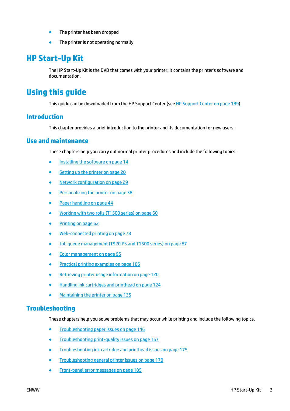 Hp start-up kit, Using this guide, Introduction | Use and maintenance, Troubleshooting, Hp start-up kit using this guide | HP Designjet T920 ePrinter series User Manual | Page 11 / 210