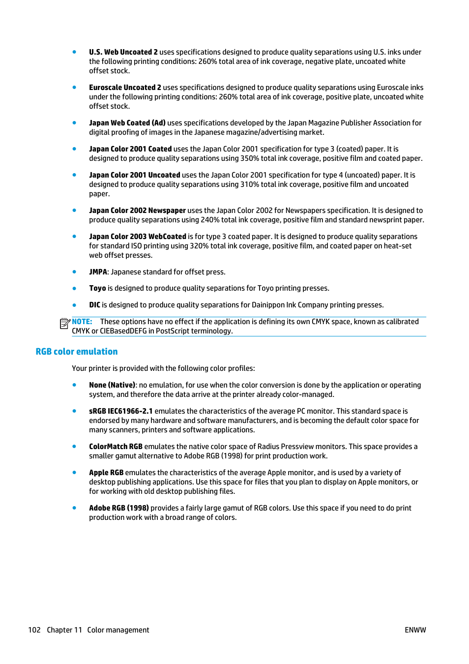 Rgb color emulation | HP Designjet T920 ePrinter series User Manual | Page 110 / 210