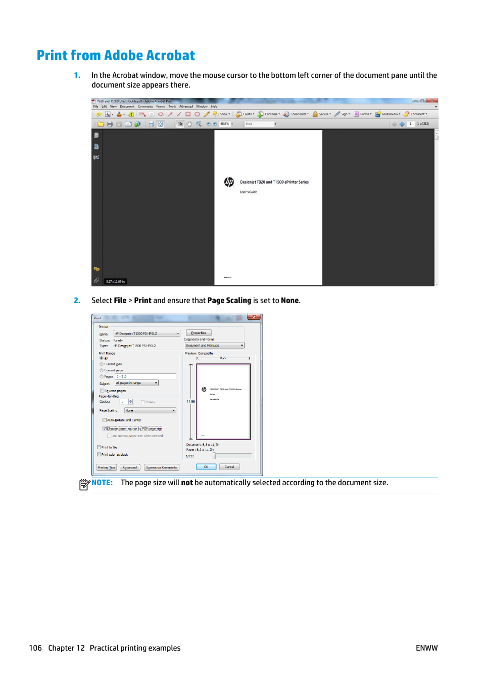 Print from adobe acrobat | HP Designjet T920 ePrinter series User Manual | Page 114 / 210