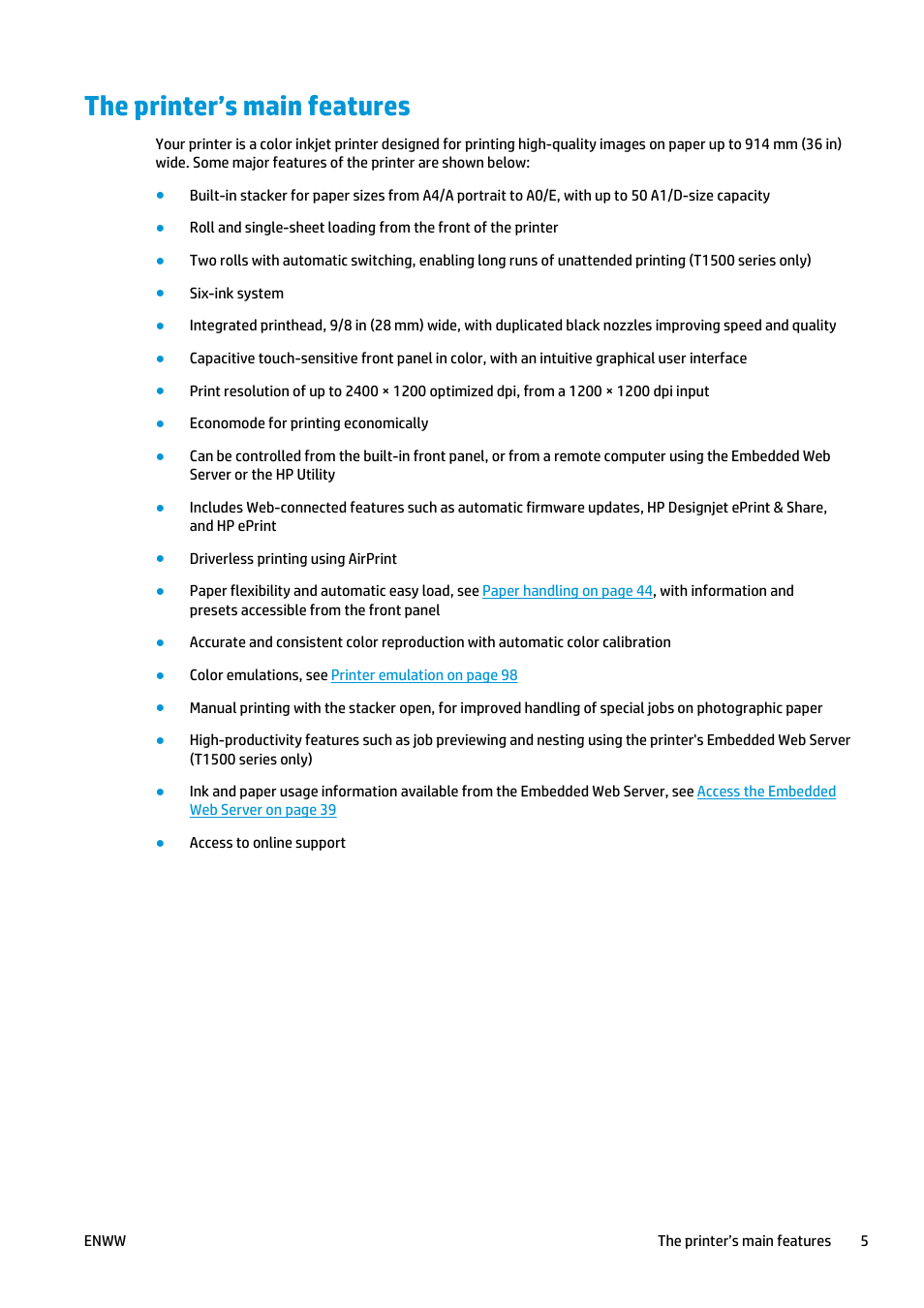 The printer’s main features | HP Designjet T920 ePrinter series User Manual | Page 13 / 210