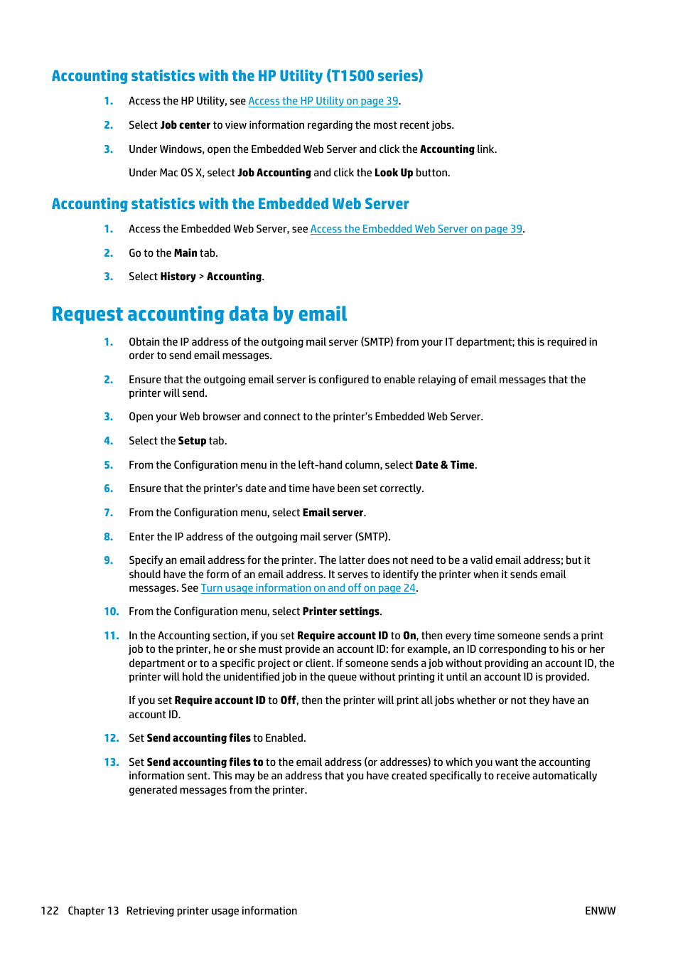 Accounting statistics with the embedded web server, Request accounting data by email, Et. see | HP Designjet T920 ePrinter series User Manual | Page 130 / 210