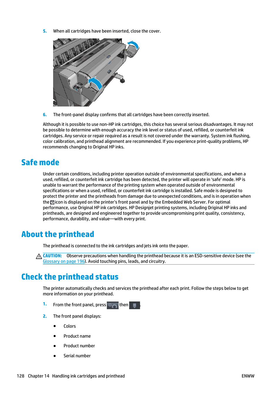 Safe mode, About the printhead, Check the printhead status | HP Designjet T920 ePrinter series User Manual | Page 136 / 210