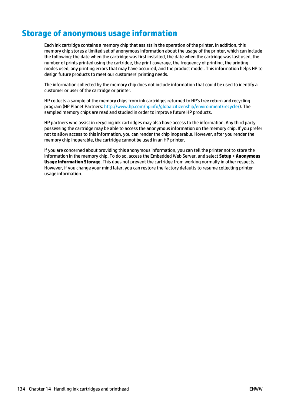 Storage of anonymous usage information | HP Designjet T920 ePrinter series User Manual | Page 142 / 210