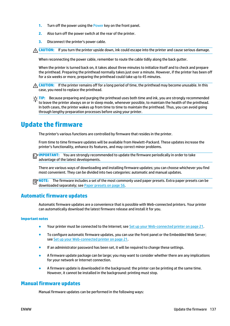 Update the firmware, Automatic firmware updates, Manual firmware updates | Firmware, see | HP Designjet T920 ePrinter series User Manual | Page 145 / 210