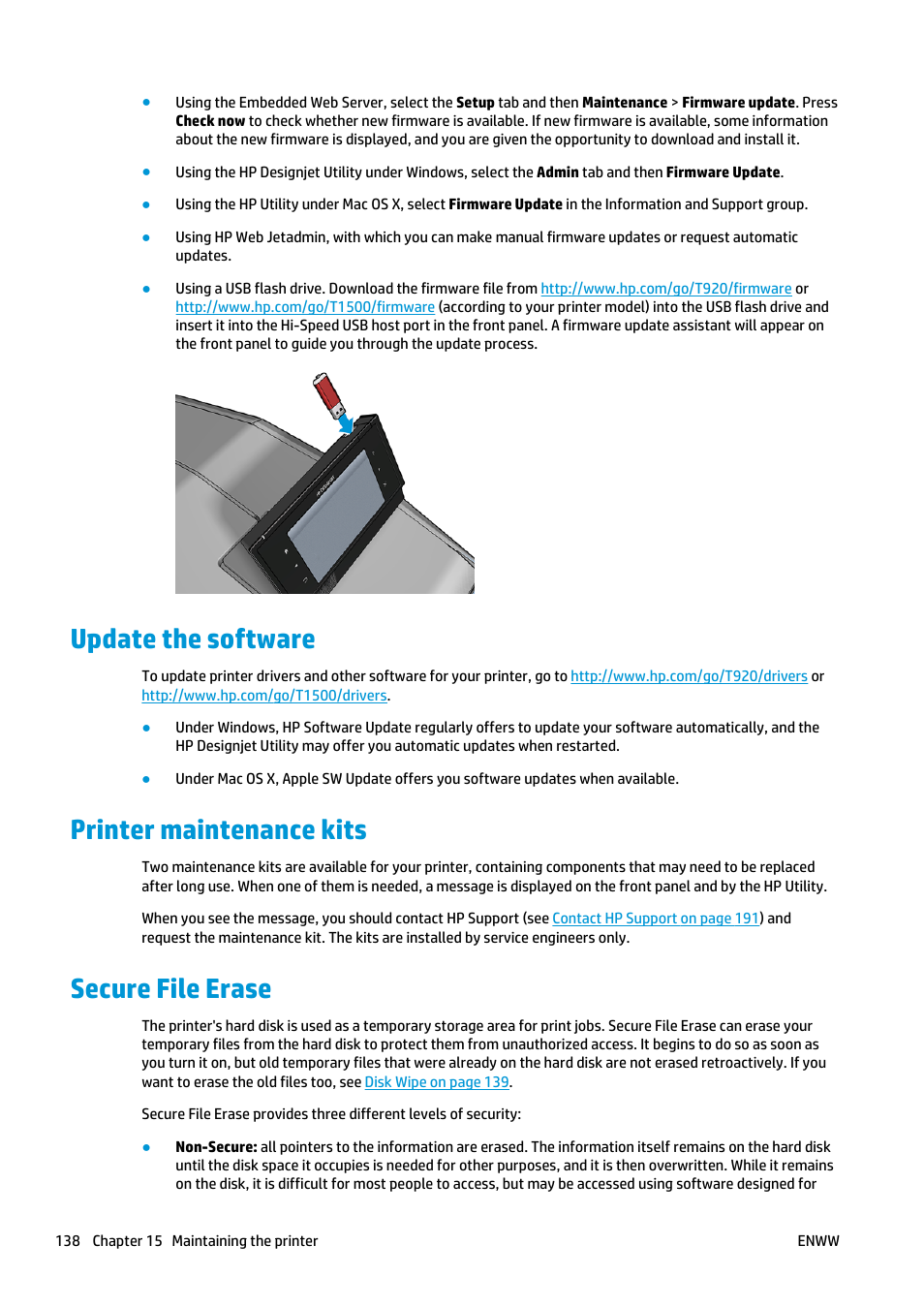 Update the software, Printer maintenance kits, Secure file erase | HP Designjet T920 ePrinter series User Manual | Page 146 / 210