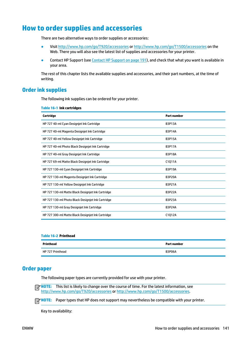 How to order supplies and accessories, Order ink supplies, Order paper | HP Designjet T920 ePrinter series User Manual | Page 149 / 210