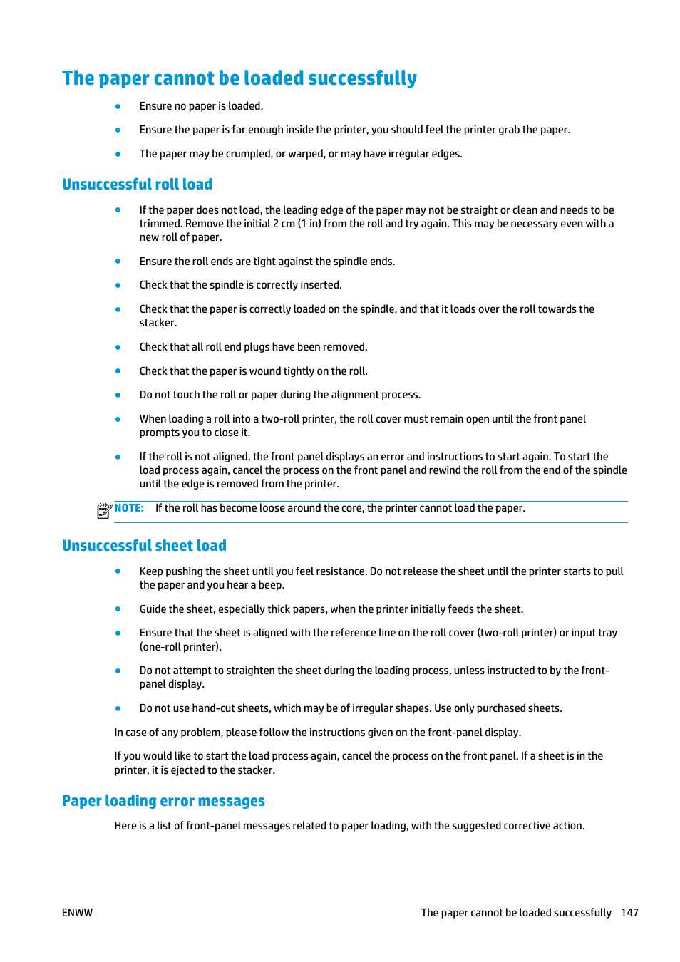 The paper cannot be loaded successfully, Unsuccessful roll load, Unsuccessful sheet load | Paper loading error messages, The paper cannot be | HP Designjet T920 ePrinter series User Manual | Page 155 / 210