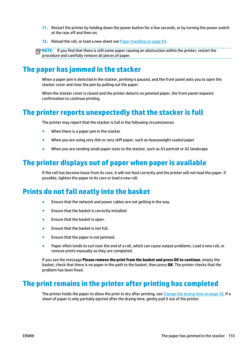 The paper has jammed in the stacker, Prints do not fall neatly into the basket | HP Designjet T920 ePrinter series User Manual | Page 163 / 210