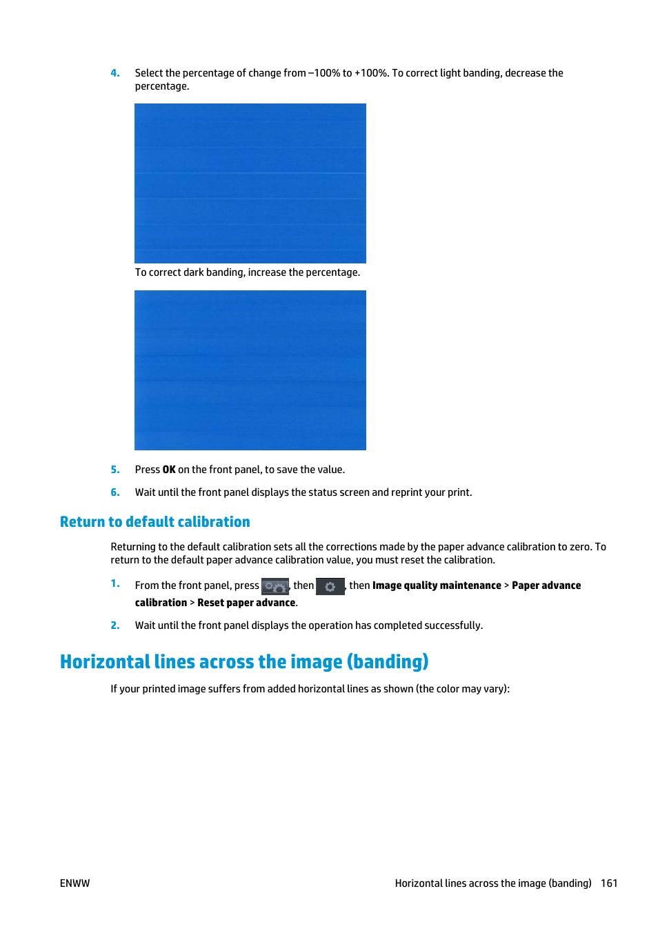Return to default calibration, Horizontal lines across the image (banding) | HP Designjet T920 ePrinter series User Manual | Page 169 / 210