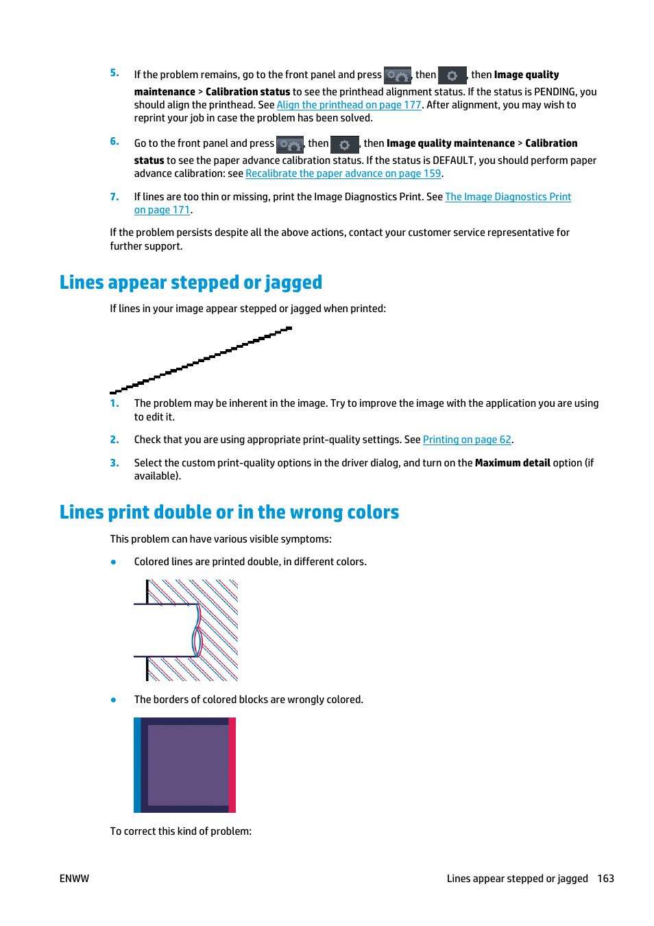 Lines appear stepped or jagged, Lines print double or in the wrong colors | HP Designjet T920 ePrinter series User Manual | Page 171 / 210