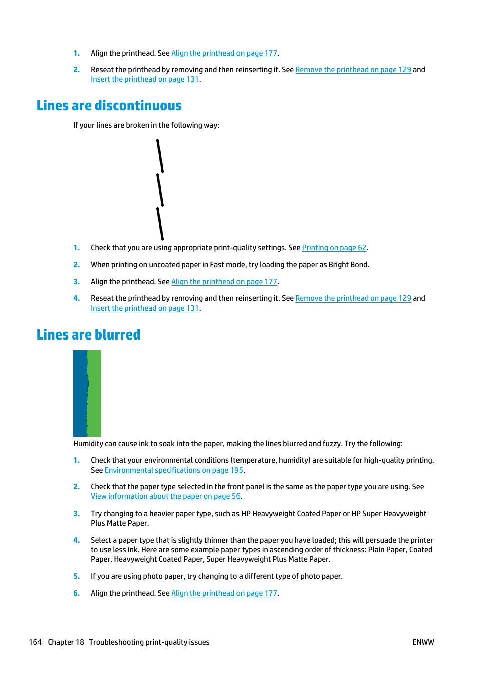 Lines are discontinuous, Lines are blurred, Lines are discontinuous lines are blurred | HP Designjet T920 ePrinter series User Manual | Page 172 / 210