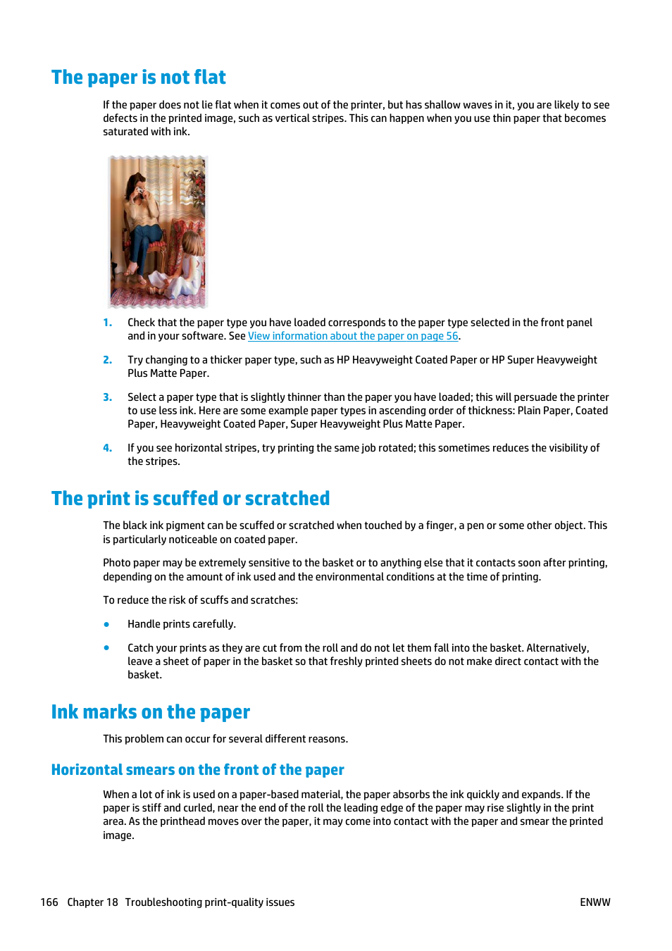 The paper is not flat, The print is scuffed or scratched, Ink marks on the paper | Horizontal smears on the front of the paper | HP Designjet T920 ePrinter series User Manual | Page 174 / 210