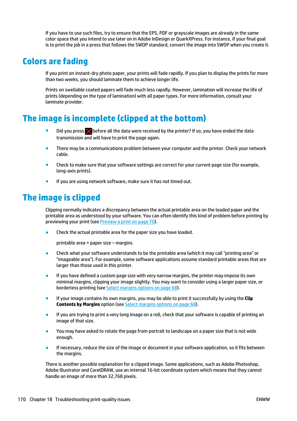 Colors are fading, The image is incomplete (clipped at the bottom), The image is clipped | HP Designjet T920 ePrinter series User Manual | Page 178 / 210