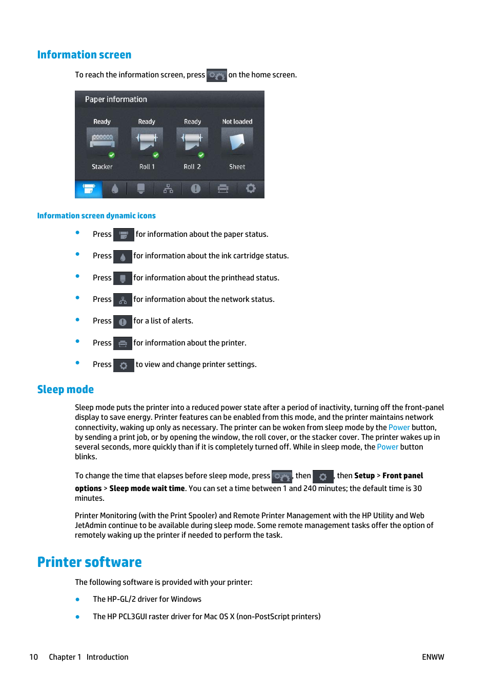 Information screen, Sleep mode, Printer software | HP Designjet T920 ePrinter series User Manual | Page 18 / 210