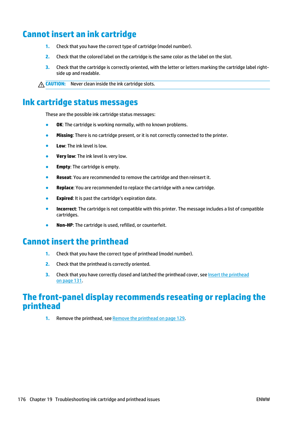Cannot insert an ink cartridge, Ink cartridge status messages, Cannot insert the printhead | HP Designjet T920 ePrinter series User Manual | Page 184 / 210