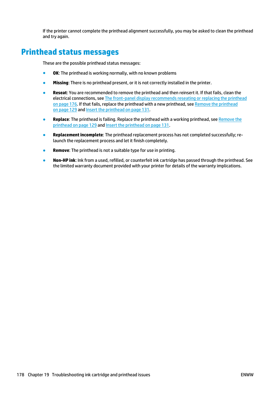 Printhead status messages | HP Designjet T920 ePrinter series User Manual | Page 186 / 210