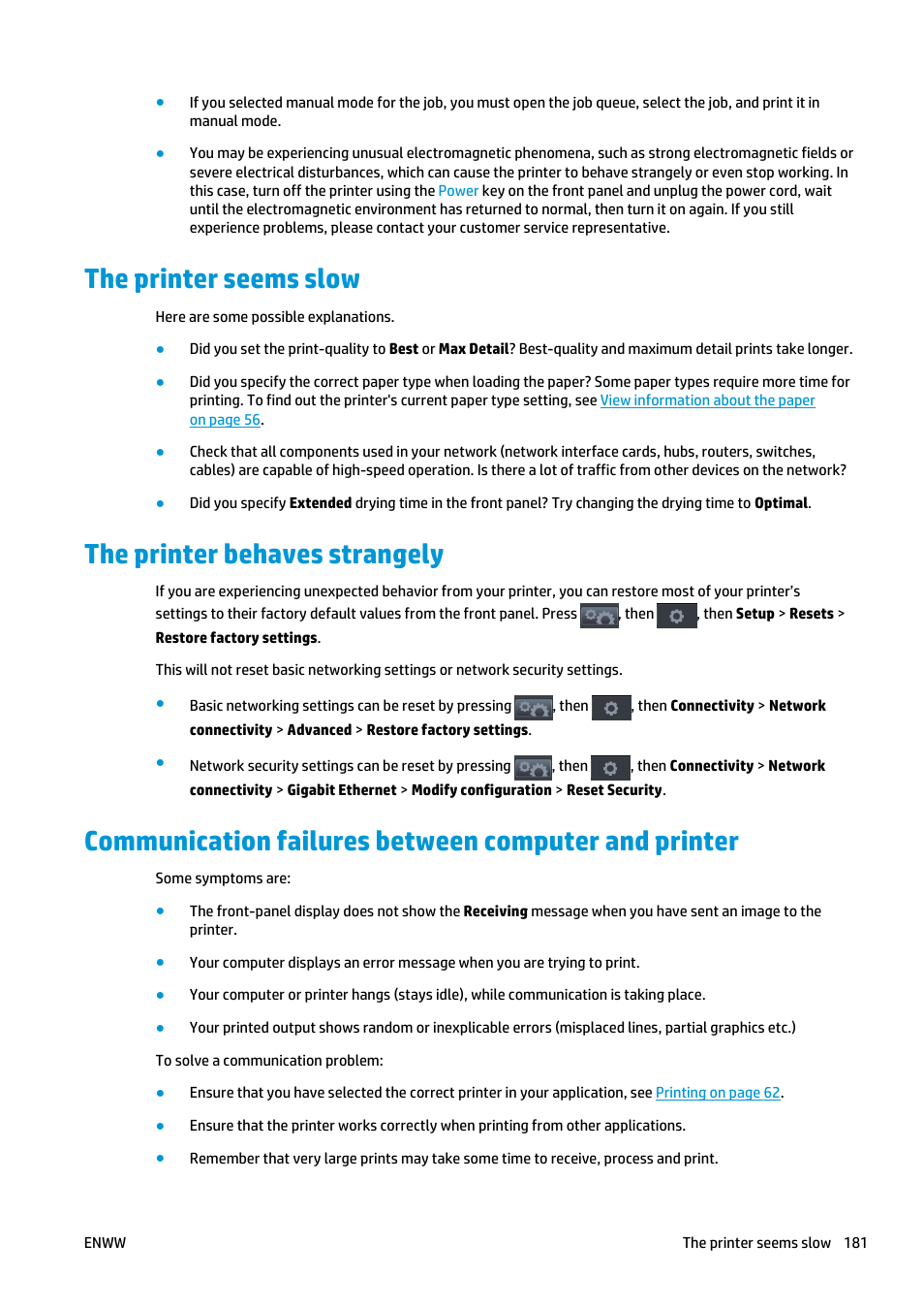 The printer seems slow, The printer behaves strangely | HP Designjet T920 ePrinter series User Manual | Page 189 / 210