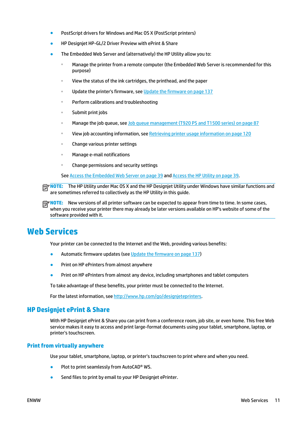 Web services, Hp designjet eprint & share, Print from virtually anywhere | HP Designjet T920 ePrinter series User Manual | Page 19 / 210