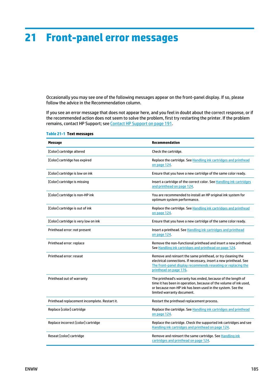 Front-panel error messages, 21 front-panel error messages | HP Designjet T920 ePrinter series User Manual | Page 193 / 210