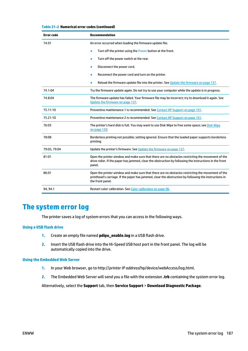 The system error log | HP Designjet T920 ePrinter series User Manual | Page 195 / 210