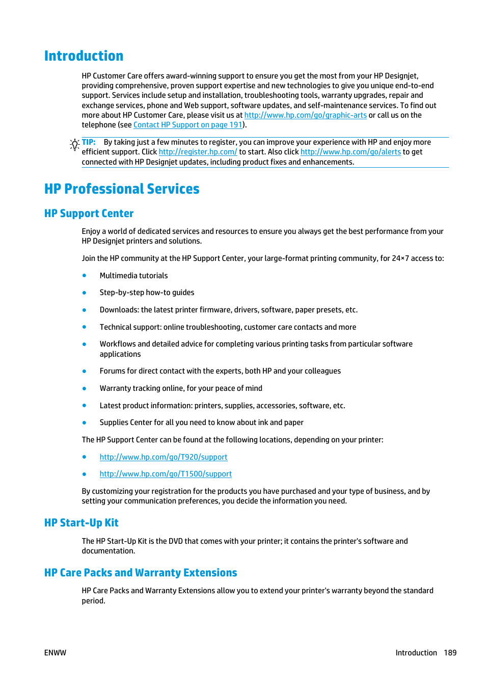 Introduction, Hp professional services, Hp support center | Hp start-up kit, Hp care packs and warranty extensions, Introduction hp professional services, And down | HP Designjet T920 ePrinter series User Manual | Page 197 / 210