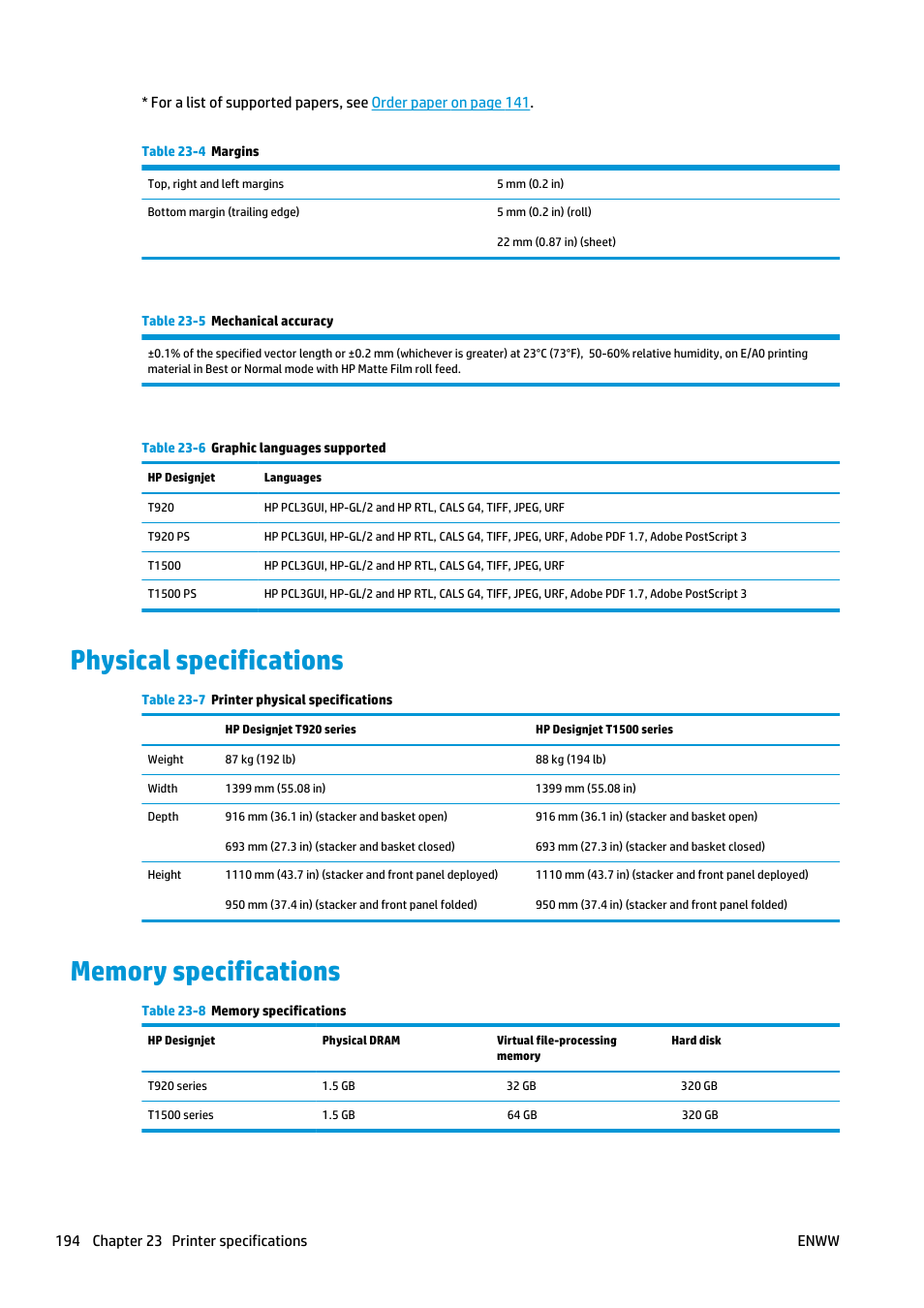 Physical specifications, Memory specifications, Physical specifications memory specifications | HP Designjet T920 ePrinter series User Manual | Page 202 / 210