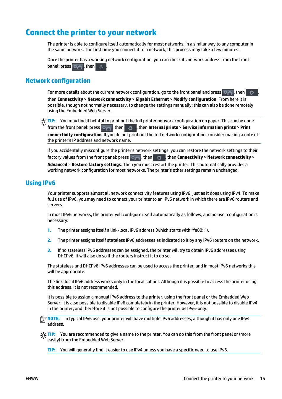 Connect the printer to your network, Network configuration, Using ipv6 | HP Designjet T920 ePrinter series User Manual | Page 23 / 210