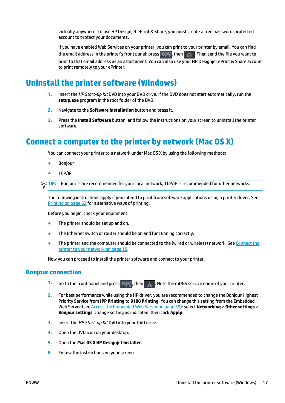 Uninstall the printer software (windows), Bonjour connection | HP Designjet T920 ePrinter series User Manual | Page 25 / 210