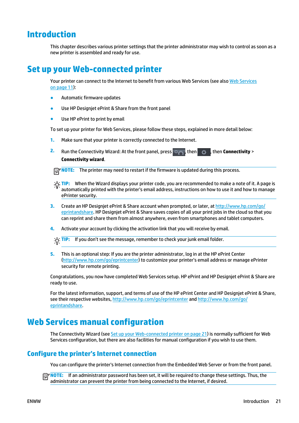 Introduction, Set up your web-connected printer, Web services manual configuration | Configure the printer’s internet connection | HP Designjet T920 ePrinter series User Manual | Page 29 / 210