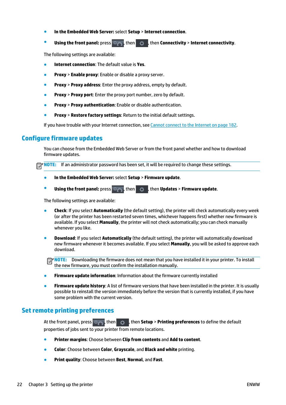Configure firmware updates, Set remote printing preferences | HP Designjet T920 ePrinter series User Manual | Page 30 / 210