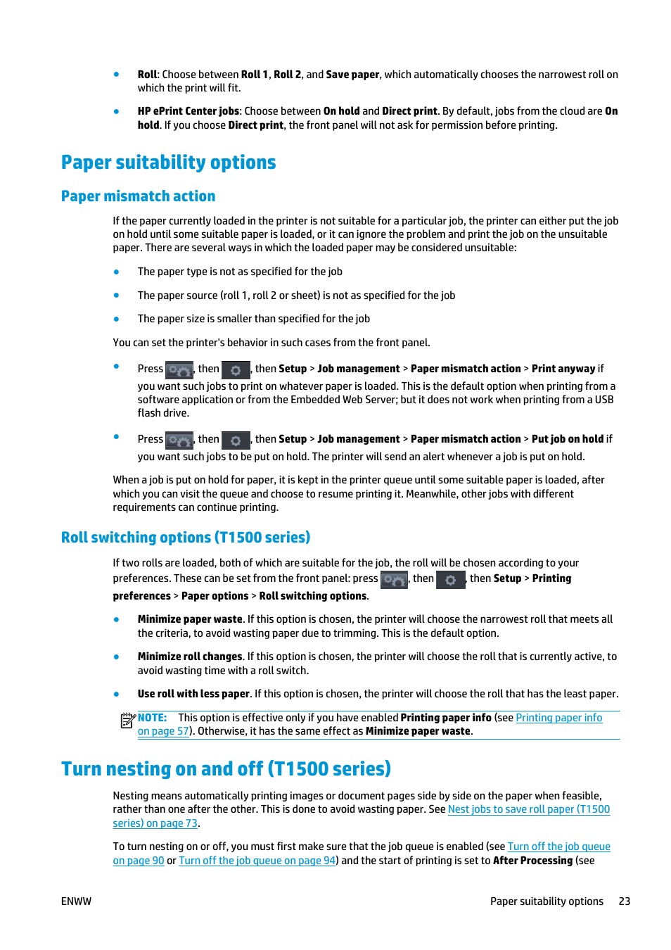 Paper suitability options, Paper mismatch action, Roll switching options (t1500 series) | Turn nesting on and off (t1500 series) | HP Designjet T920 ePrinter series User Manual | Page 31 / 210