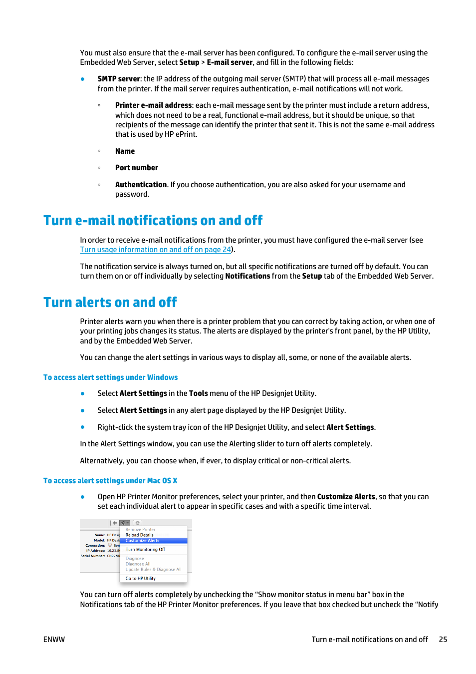 Turn e-mail notifications on and off, Turn alerts on and off | HP Designjet T920 ePrinter series User Manual | Page 33 / 210