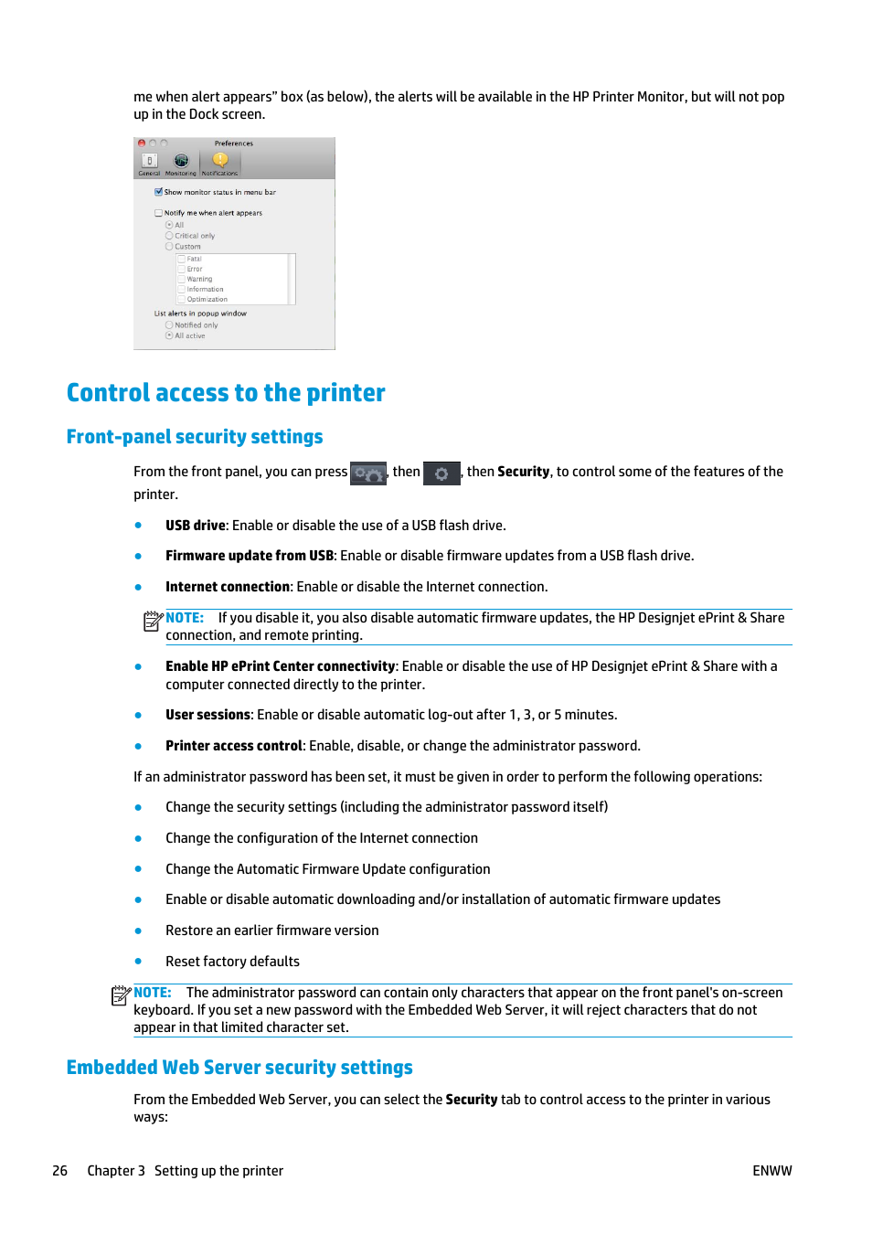 Control access to the printer, Front-panel security settings, Embedded web server security settings | HP Designjet T920 ePrinter series User Manual | Page 34 / 210