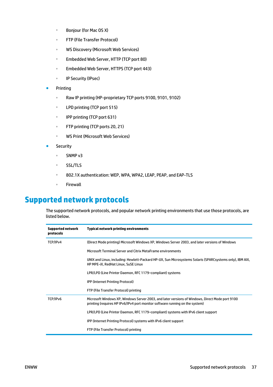 Supported network protocols | HP Designjet T920 ePrinter series User Manual | Page 45 / 210