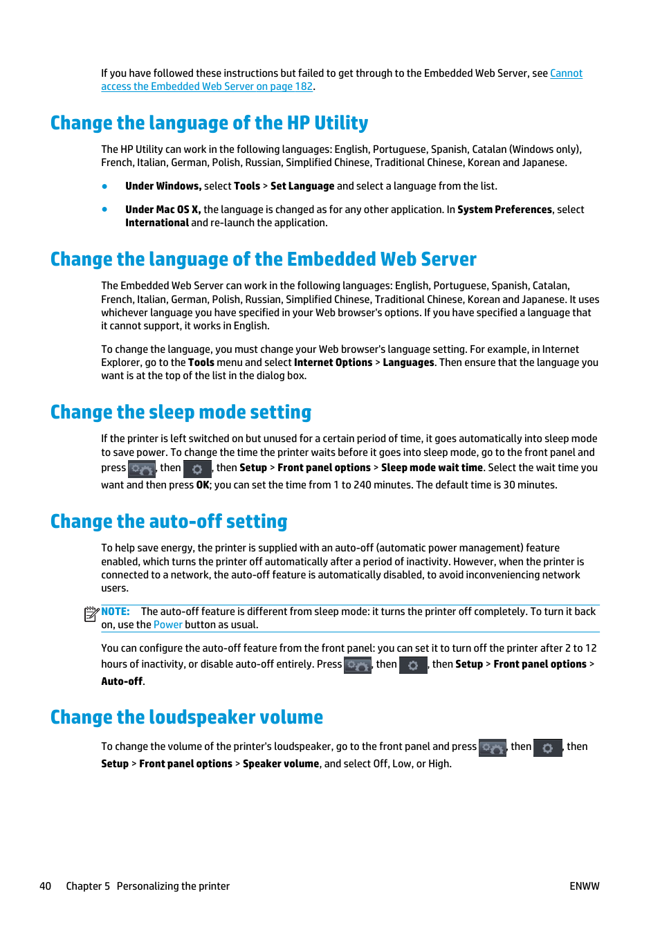 Change the language of the hp utility, Change the language of the embedded web server, Change the sleep mode setting | Change the auto-off setting, Change the loudspeaker volume | HP Designjet T920 ePrinter series User Manual | Page 48 / 210