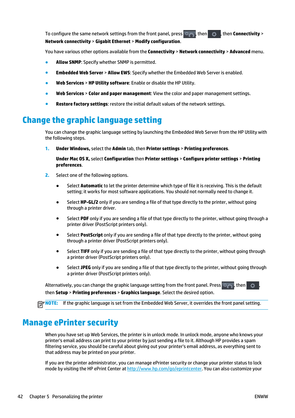 Change the graphic language setting, Manage eprinter security | HP Designjet T920 ePrinter series User Manual | Page 50 / 210
