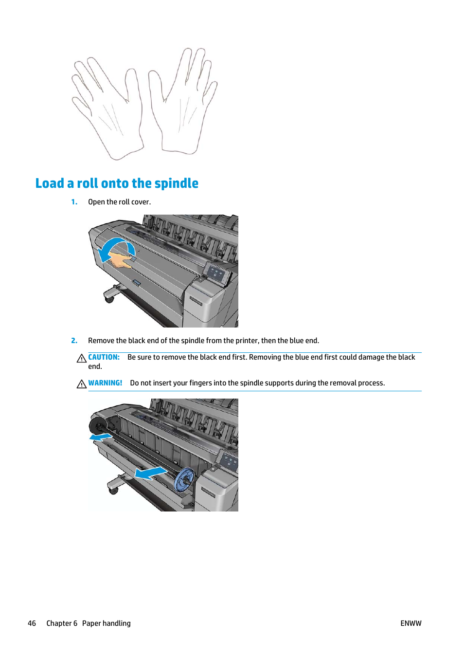 Load a roll onto the spindle | HP Designjet T920 ePrinter series User Manual | Page 54 / 210