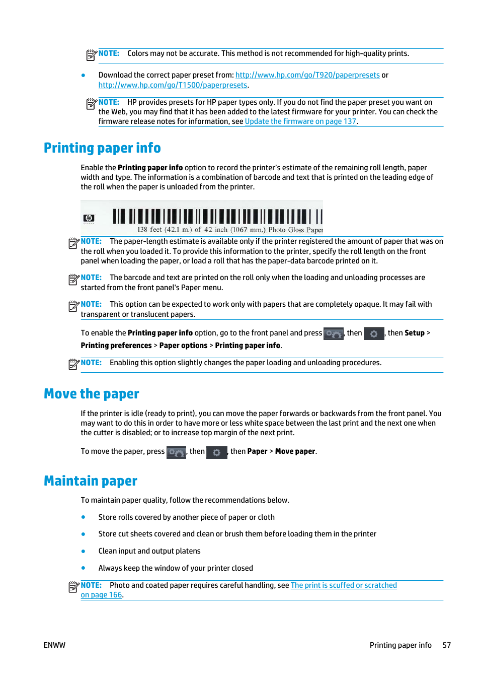Printing paper info, Move the paper, Maintain paper | Printing paper info move the paper maintain paper | HP Designjet T920 ePrinter series User Manual | Page 65 / 210