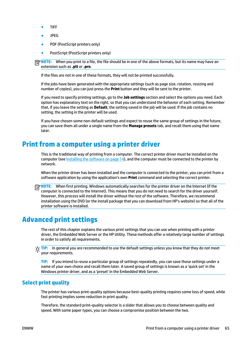 Print from a computer using a printer driver, Advanced print settings, Select print quality | Print from a computer using a | HP Designjet T920 ePrinter series User Manual | Page 73 / 210