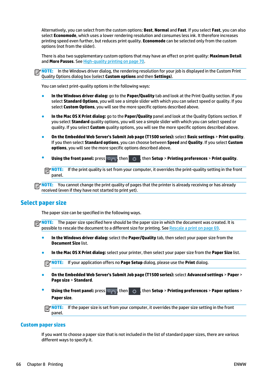 Select paper size, Custom paper sizes | HP Designjet T920 ePrinter series User Manual | Page 74 / 210
