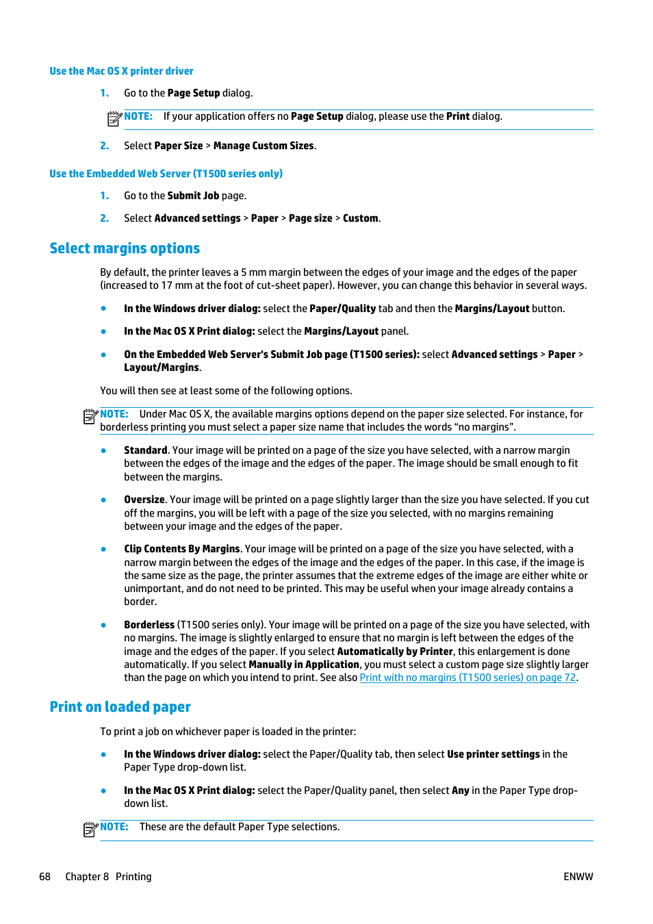 Select margins options, Print on loaded paper | HP Designjet T920 ePrinter series User Manual | Page 76 / 210