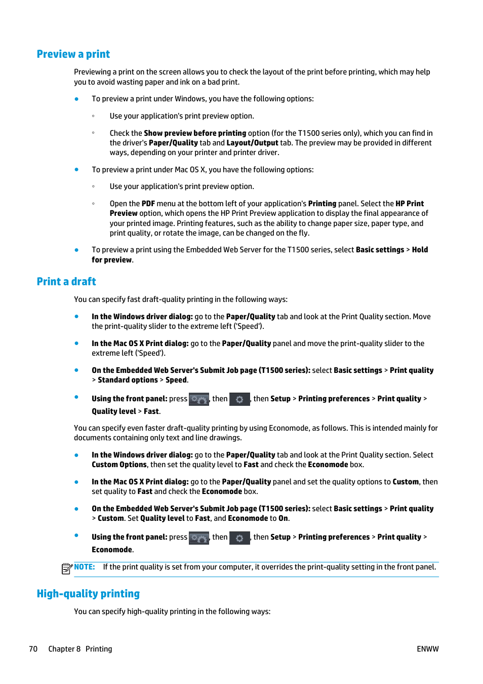 Preview a print, Print a draft, High-quality printing | HP Designjet T920 ePrinter series User Manual | Page 78 / 210