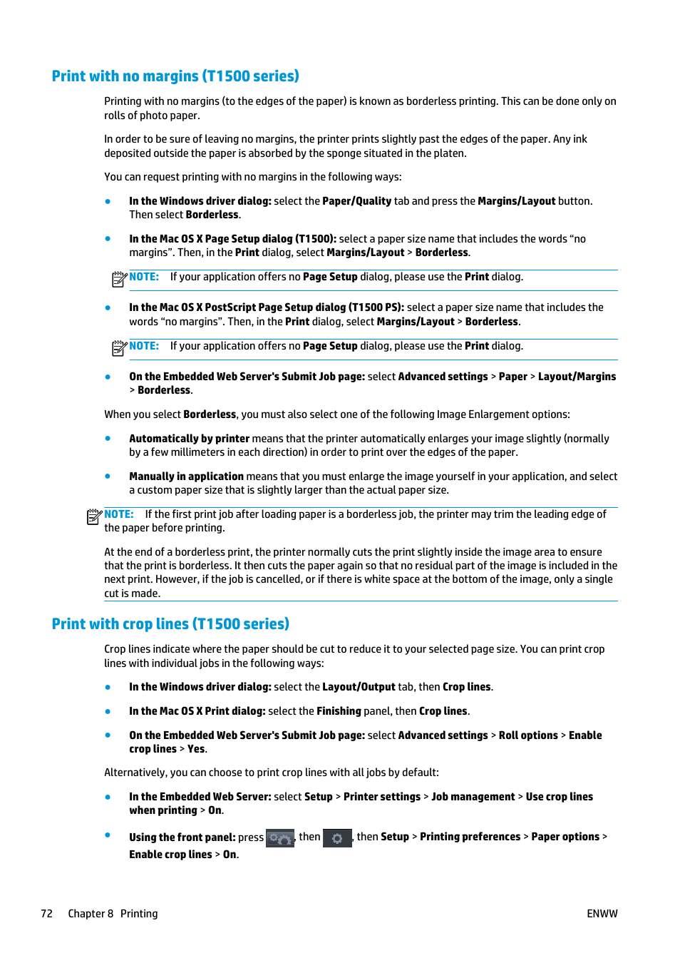 Print with no margins (t1500 series), Print with crop lines (t1500 series) | HP Designjet T920 ePrinter series User Manual | Page 80 / 210